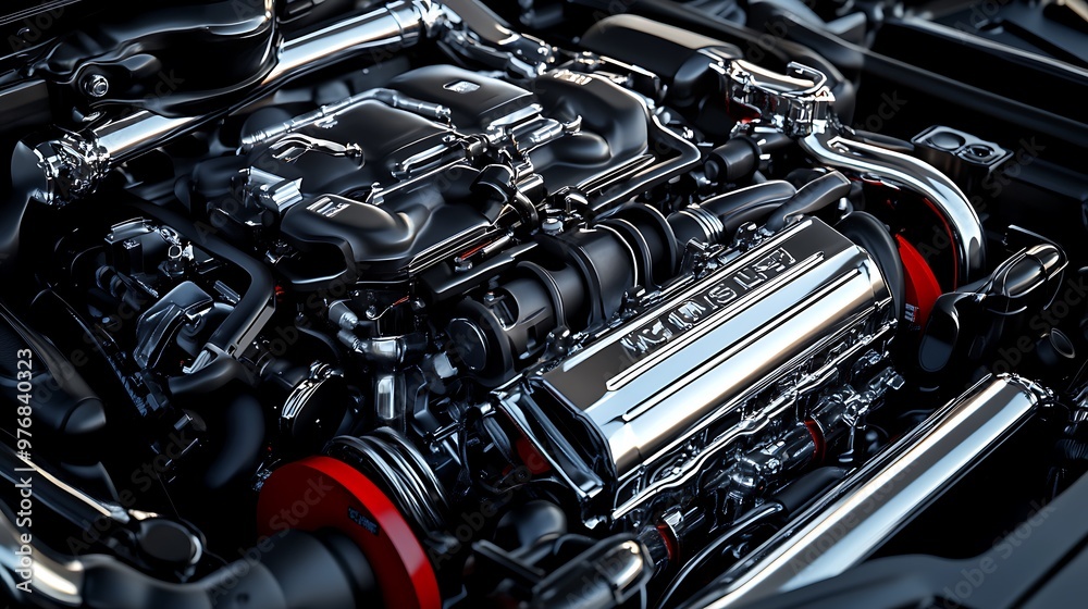 Powerful Car Engine Close Up Chrome and Black Detail Automotive Technology Powerful Car Engine Close Up Chrome and Black Detail Automotive Technology
