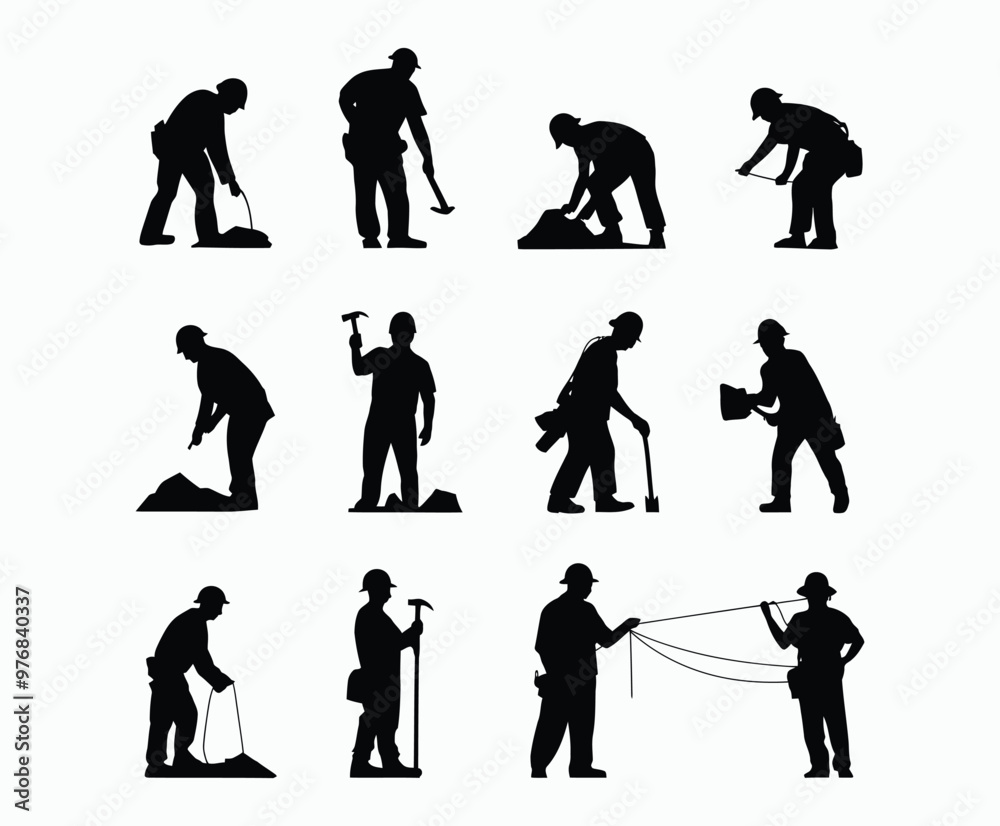 Naklejka premium Construction worker EPS vector silhouette illustration template on a white background