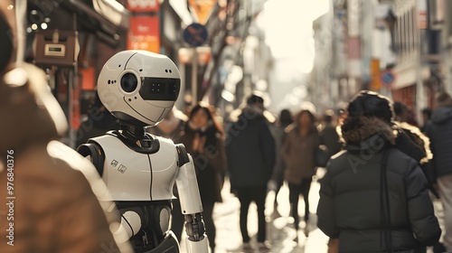 Humanoid Robot: A humanoid robot interacting with people in a busy urban environment, seamlessly blending in. 