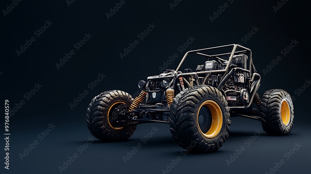 Black Off Road Buggy with Yellow Wheels on Dark Background Black Off Road Buggy with Yellow Wheels on Dark Background