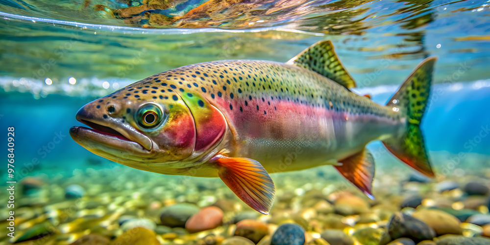 Close-up of a vibrant trout swimming in clear water, trout, fish, animal, underwater, wildlife, aquatic, nature, stream Close-up of a vibrant trout swimming in clear water, trout, fish, animal, underwater, wildlife, aquatic, nature, stream