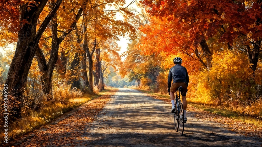 Cyclist riding through an autumn landscape on a scenic path surrounded by colorful trees Cyclist riding through an autumn landscape on a scenic path surrounded by colorful trees