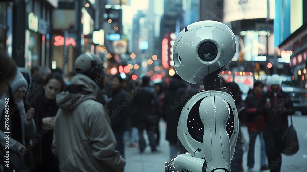 Humanoid Robot: A humanoid robot interacting with people in a busy urban environment, seamlessly blending in. 
