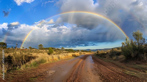 A rainbow arch over a nice country road go alive rural the sky clouds and nature