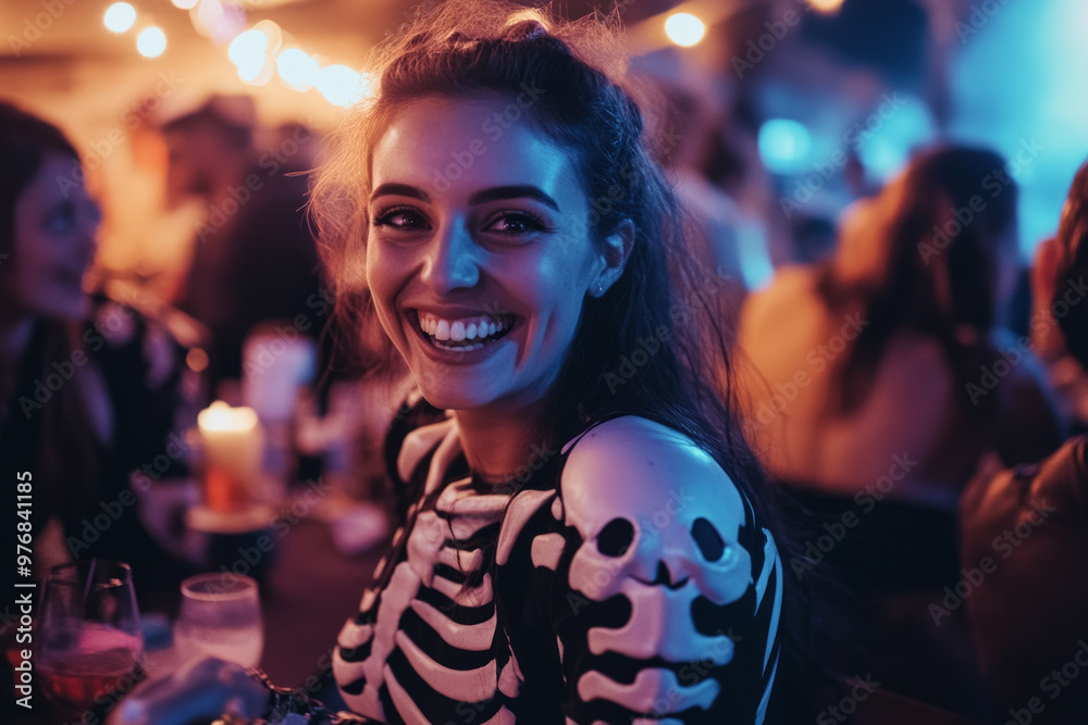 A young woman dressed up as a skeleton at a Halloween party A young woman dressed up as a skeleton at a Halloween party