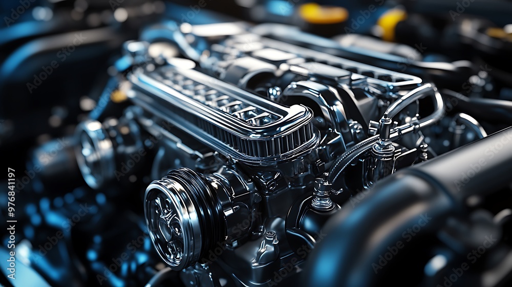 Powerful Car Engine Close up Chrome Parts Detailed Abstract Powerful Car Engine Close up Chrome Parts Detailed Abstract
