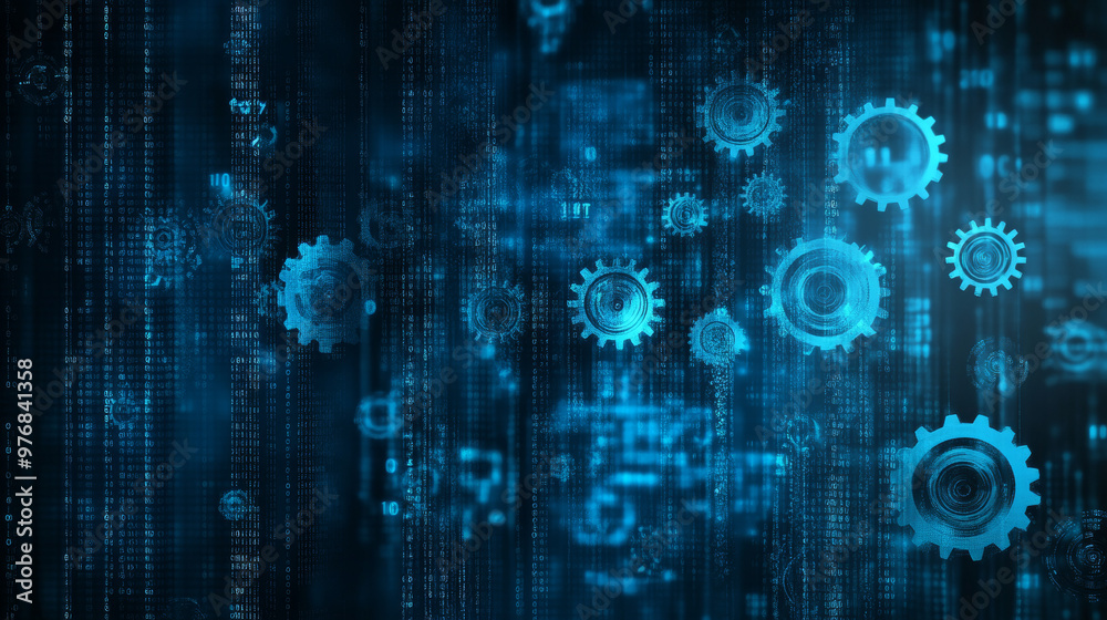 Automation software background featuring gear icons created with binary code. It highlights IoT and automation concepts, with streaming digital data and a matrix background of digits 1.0. 