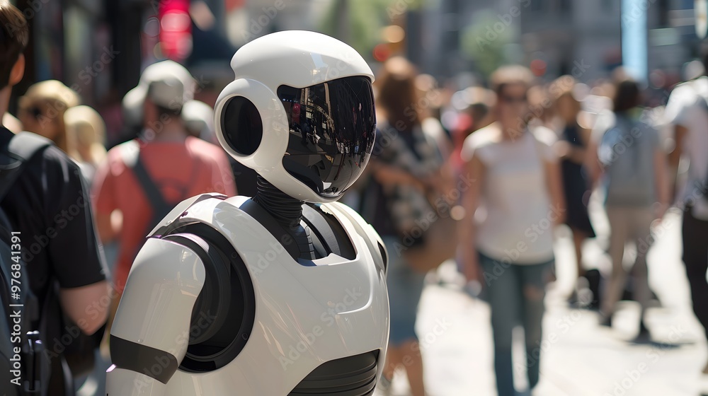Humanoid Robot: A humanoid robot interacting with people in a busy urban environment, seamlessly blending in.
Humanoid Robot: A humanoid robot interacting with people in a busy urban environment, seamlessly blending in.