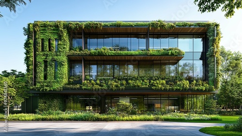 Modern Green Building with Living Walls and Glass Facade