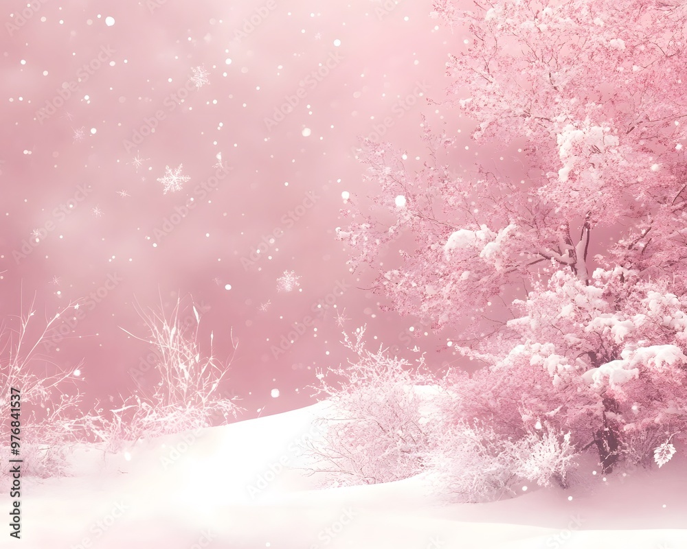 A serene winter landscape with pink hues and snow-covered trees, creating a dreamy atmosphere. A serene winter landscape with pink hues and snow-covered trees, creating a dreamy atmosphere.