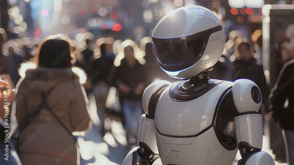 Humanoid Robot: A humanoid robot interacting with people in a busy urban environment, seamlessly blending in.
Humanoid Robot: A humanoid robot interacting with people in a busy urban environment, seamlessly blending in.