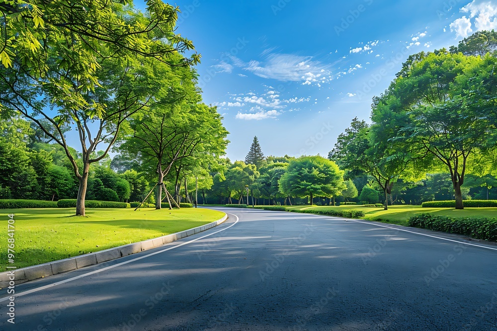 Empty asphalt road in the park with green grass and tree background. Empty asphalt road in the park with green grass and tree background.