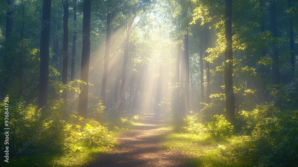 Fototapeta premium Sunbeams illuminate a misty forest path.