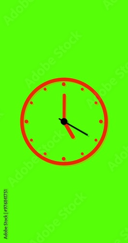 Animation time lapse of a clock. Red clock hands on green clock face. Time pointer ticks in 12 hour time loop. Concept Wall clock on green background with copy space. Countdown the day. Vertical