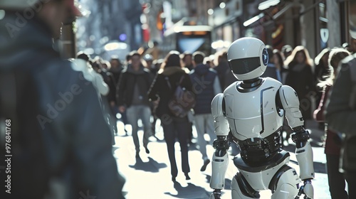 Humanoid Robot: A humanoid robot interacting with people in a busy urban environment, seamlessly blending in. 