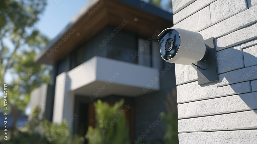 Modern security camera mounted on a wall, providing surveillance for a contemporary home exterior with lush landscaping. Modern security camera mounted on a wall, providing surveillance for a contemporary home exterior with lush landscaping.