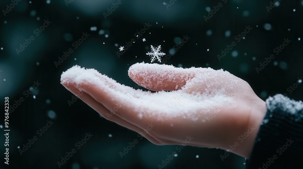 A hand gently holds a delicate snowflake above a bed of fresh snow, capturing the beauty of winter's unique moments. A hand gently holds a delicate snowflake above a bed of fresh snow, capturing the beauty of winter's unique moments.
