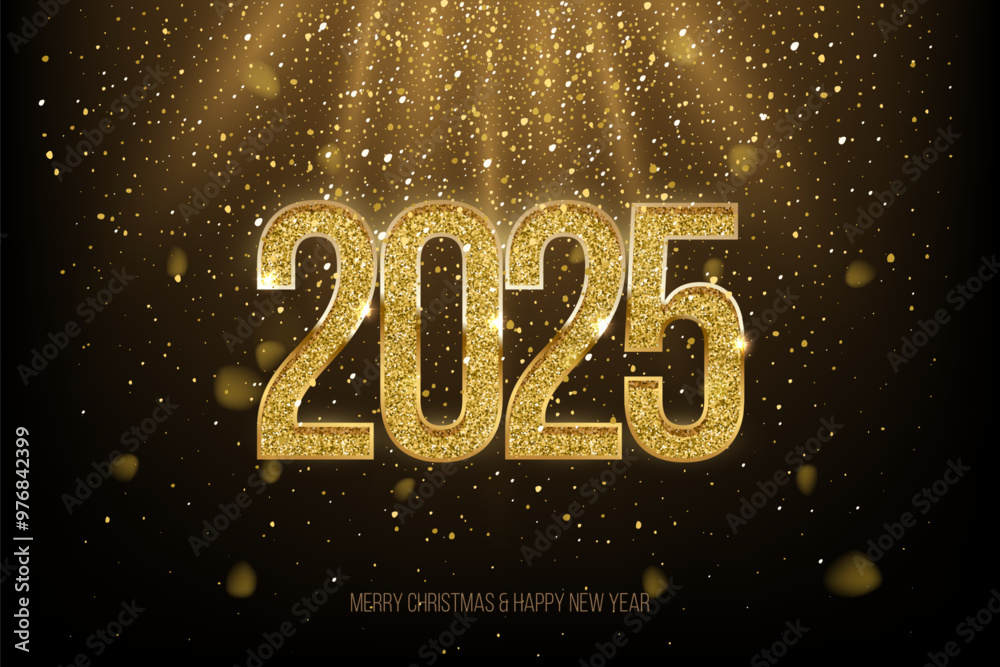 2025 Happy New Year greeting card vector illustration. 2025 golden numbers with gold falling confetti decoration and glow light effect, festive sparkle of tinsel texture in holiday design background. 2025 Happy New Year greeting card vector illustration. 2025 golden numbers with gold falling confetti decoration and glow light effect, festive sparkle of tinsel texture in holiday design background.