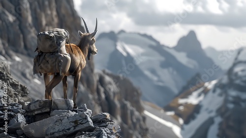 On a rocky mountainside an ibex with a rucksack and sure feet stands