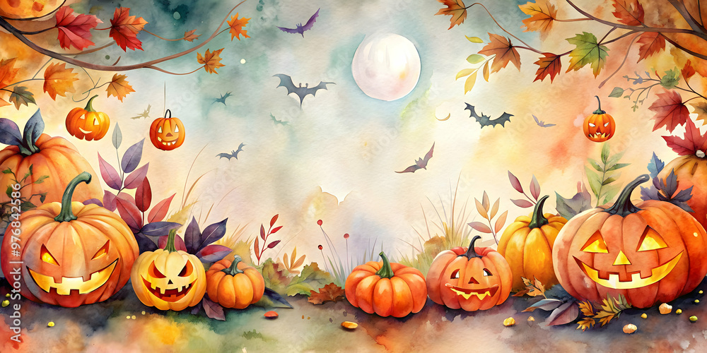 Beautiful watercolor of Halloween theme with seamless design, watercolor, halloween, seamless design, spooky, orange, black