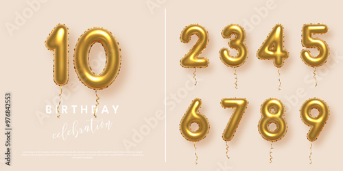 Birthday anniversary golden numbers set template with number 10. Celebration birthday vector background. Gold numbers in form of balloons on beige for party invitation, greeting card, poster, event.