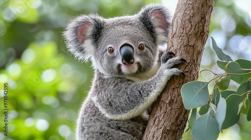 A cute koala clinging to a tree branch, surrounded by eucalyptus leaves photo