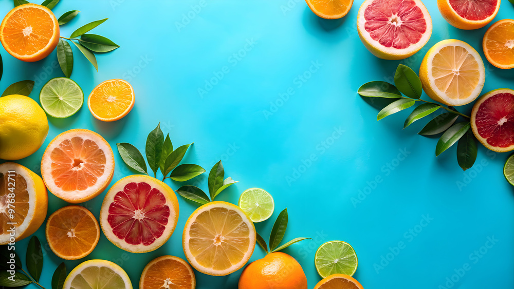 Flat lay layout with summer citrus fruit on blue background with sharp shadows, trendy social mockup, summer Flat lay layout with summer citrus fruit on blue background with sharp shadows, trendy social mockup, summer