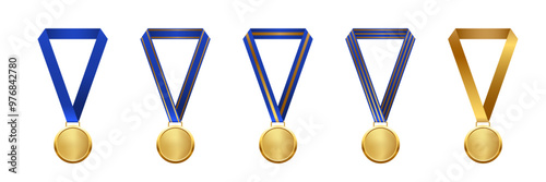 Gold medal with blue ribbon first place vector illustration set. Realistic isolated trophy medals with different red and gold ribbons for winners and champions ceremony.