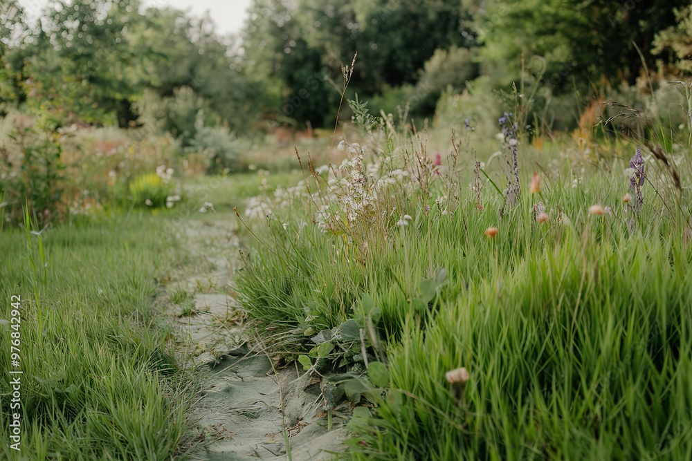 A photo of green grass with flowers in a natural setting A photo of green grass with flowers in a natural setting