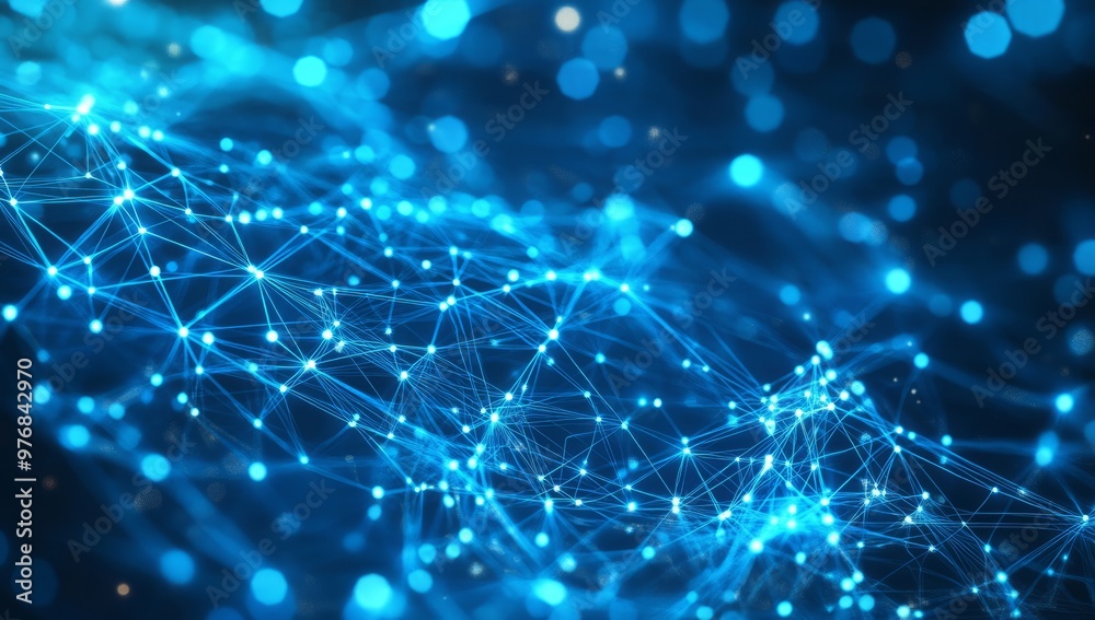 Abstract illustration featuring plexus blue geometrical shapes, representing connection and web concept, with digital communication and technology network background comprising moving lines and dots. Abstract illustration featuring plexus blue geometrical shapes, representing connection and web concept, with digital communication and technology network background comprising moving lines and dots.