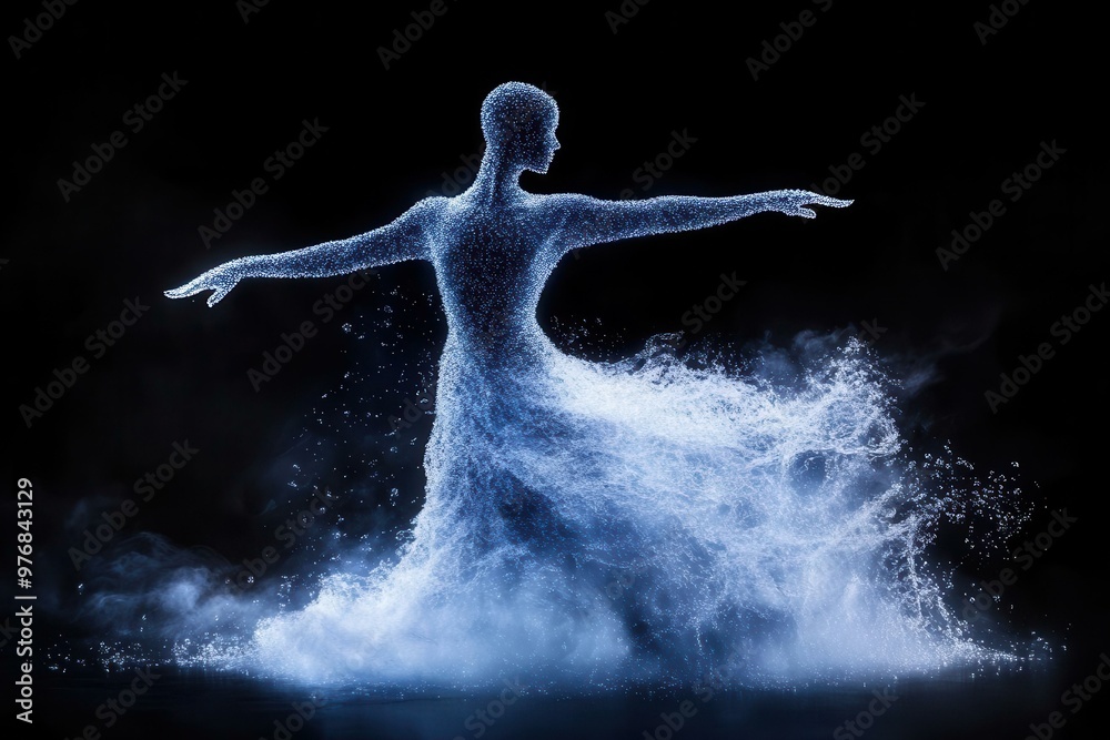 A stunning depiction of a dancer made of water, showcasing fluid movement and ethereal beauty against a dark backdrop. A stunning depiction of a dancer made of water, showcasing fluid movement and ethereal beauty against a dark backdrop.
