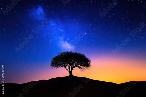 A solitary tree stands against a twilight sky filled with stars, evoking a sense of peace and tranquility in nature.