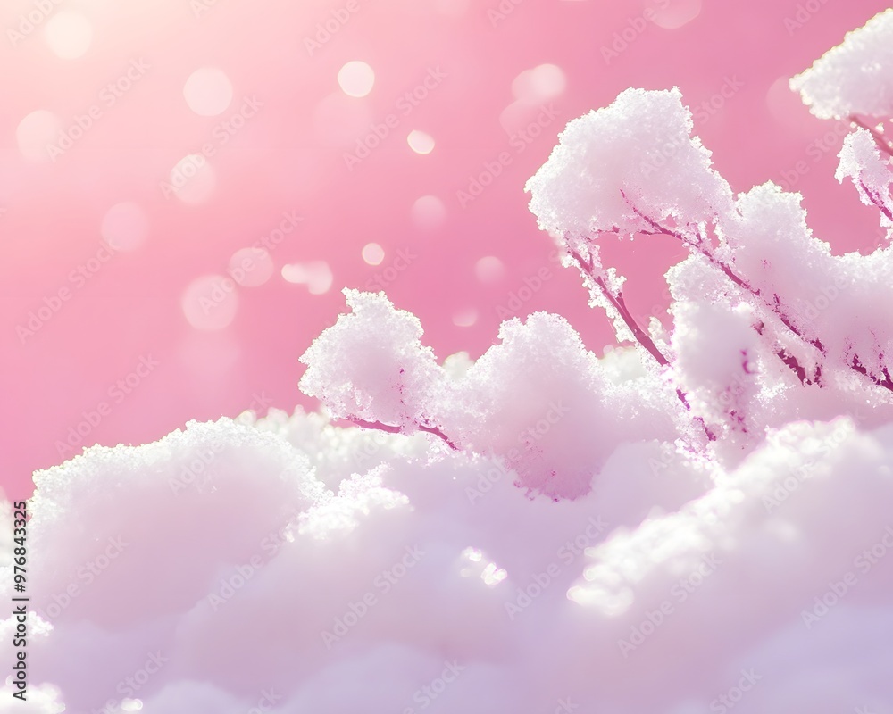 A serene winter scene with soft pink hues and snow-covered branches. A serene winter scene with soft pink hues and snow-covered branches.