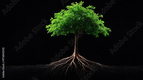 A vibrant green tree with strong roots, symbolizing growth, resilience, and connection to nature against a dark background. photo