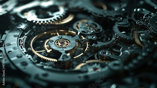 Wallpaper Mural Intricate dismantled mechanical watch with detailed gears and springs on dark background, symbolizing precision and complexity in teardown analysis. Torontodigital.ca