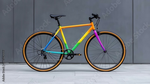 A vibrant rainbow-colored bike stands against a sleek gray background, showcasing modern design and creativity.