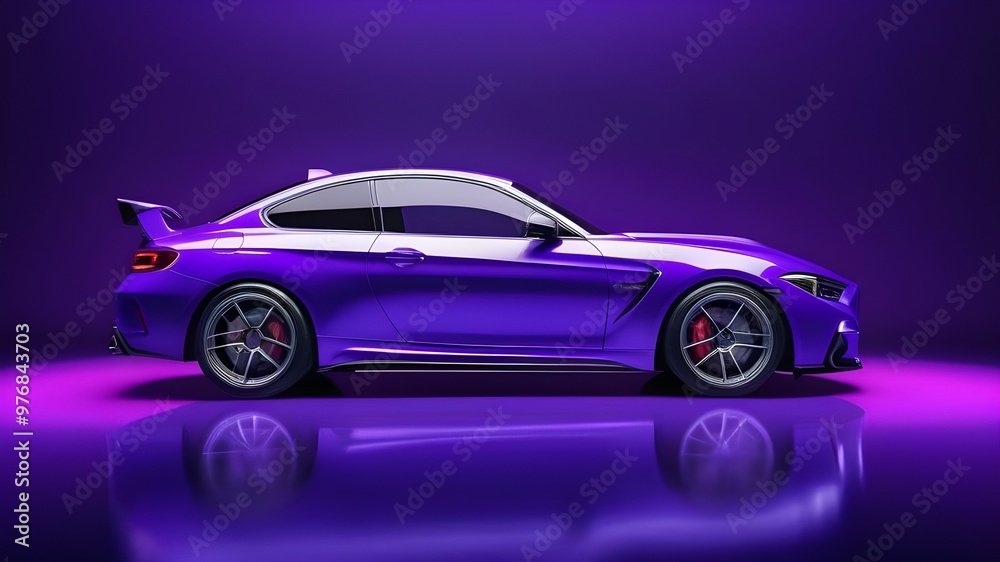 Violet neon sports car on violet studio background Violet neon sports car on violet studio background