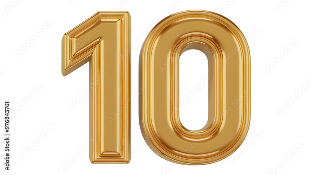 A 3D transparent representation of the number '10' in a shiny gold color