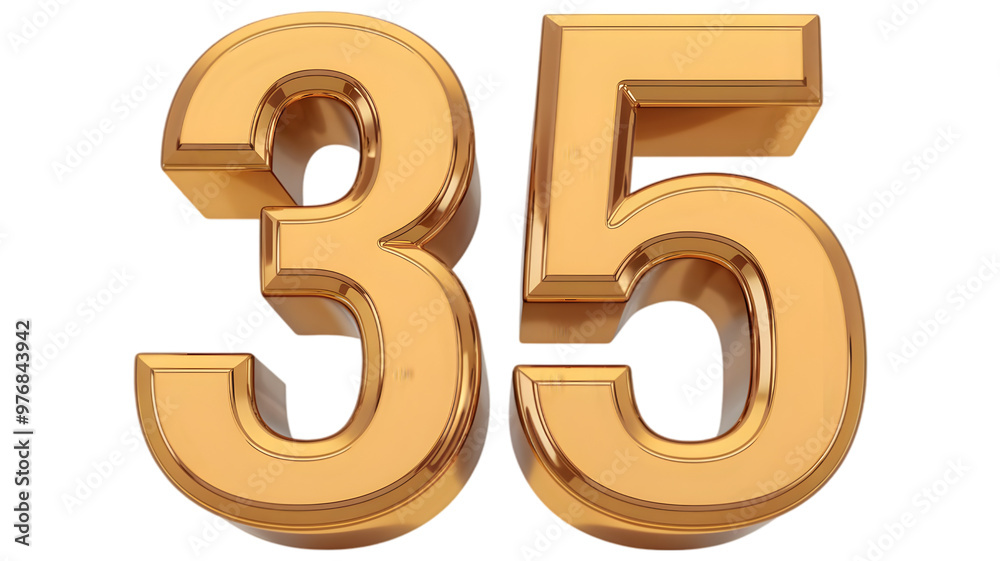 A 3D transparent representation of the number '35' in a shiny gold color
A 3D transparent representation of the number '35' in a shiny gold color