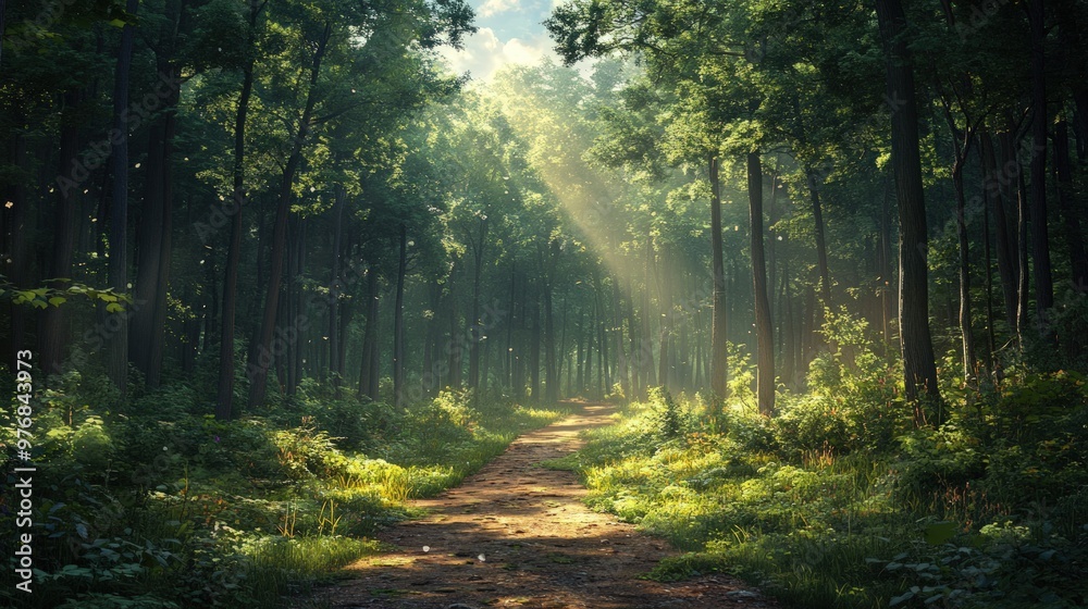 Obraz premium A sunlit path winds through a lush, green forest.