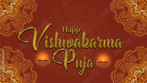 Vishwakarma Puja Greeting Text Diya Decorations, Vishwakarma Puja, India, Hindu poster with red Background photo