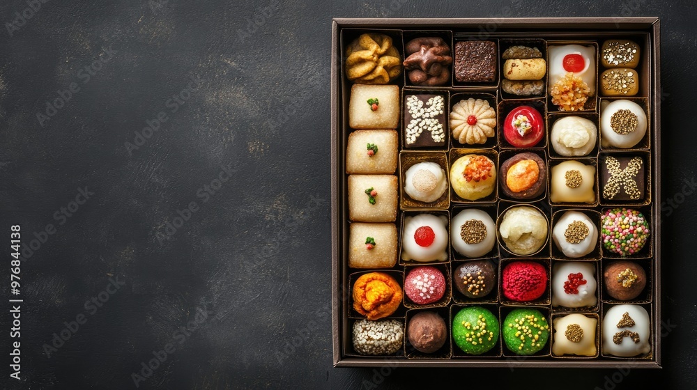 A top view of Indian sweets in a box with copy space for celebration messages or festival greetings. A top view of Indian sweets in a box with copy space for celebration messages or festival greetings.