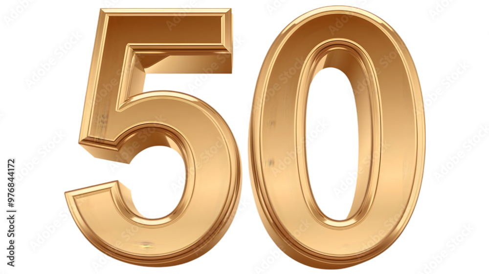 A 3D transparent representation of the number '50' in a shiny gold color A 3D transparent representation of the number '50' in a shiny gold color
