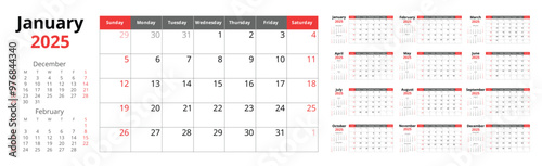 2025 calendar. Vector collection of English monthly calendars. Design with Sunday start