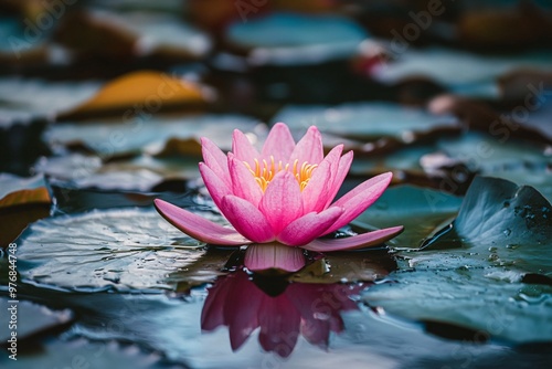 A beautiful pink lotus flower floating gracefully on serene water, surrounded by green lily pads, reflecting tranquility and nature. photo