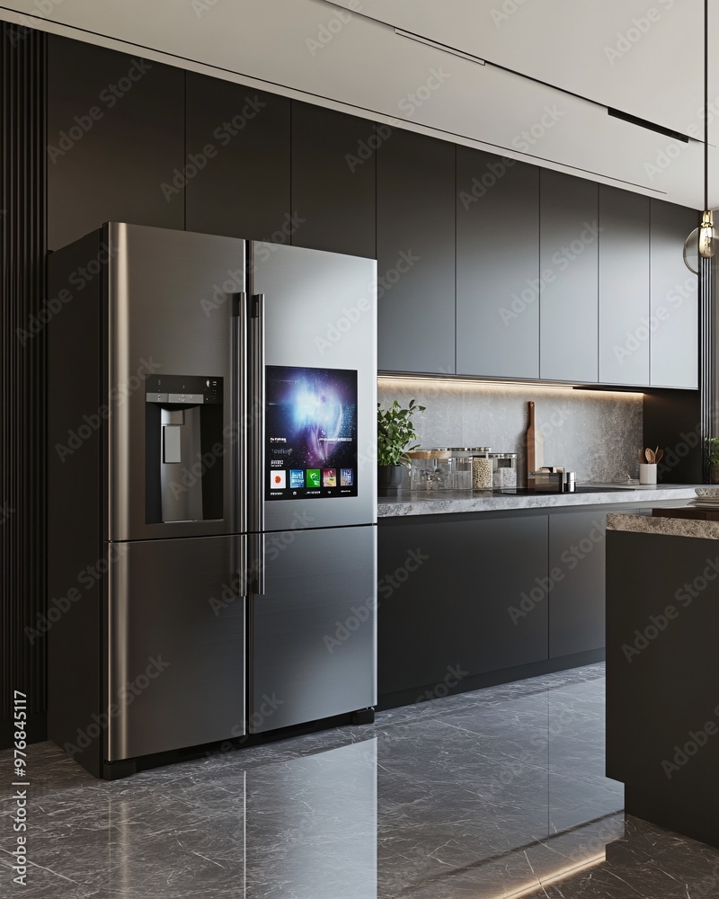 Modern kitchen design featuring a sleek black refrigerator with smart technology and stylish cabinetry. Modern kitchen design featuring a sleek black refrigerator with smart technology and stylish cabinetry.