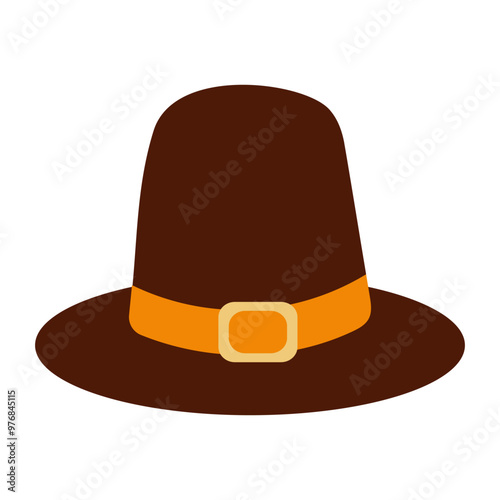 A brown hat with a gold belt and a gold buckle. It is a hat that is worn during the fall season