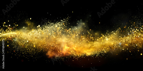 Abstract background with golden powder and colorful dust on a black background. Abstract space wallpaper, golden