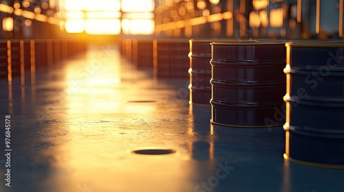 Barrels of mineral oil arranged on a warehouse floor, with copy space for fuel industry promotions. photo