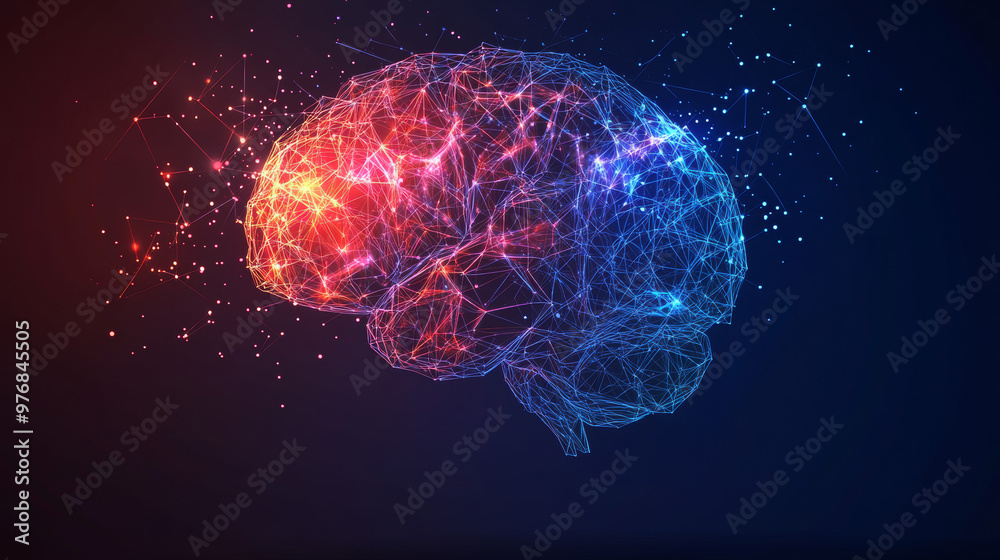 Abstract low-poly digital human brain. Represents neural networks and ...